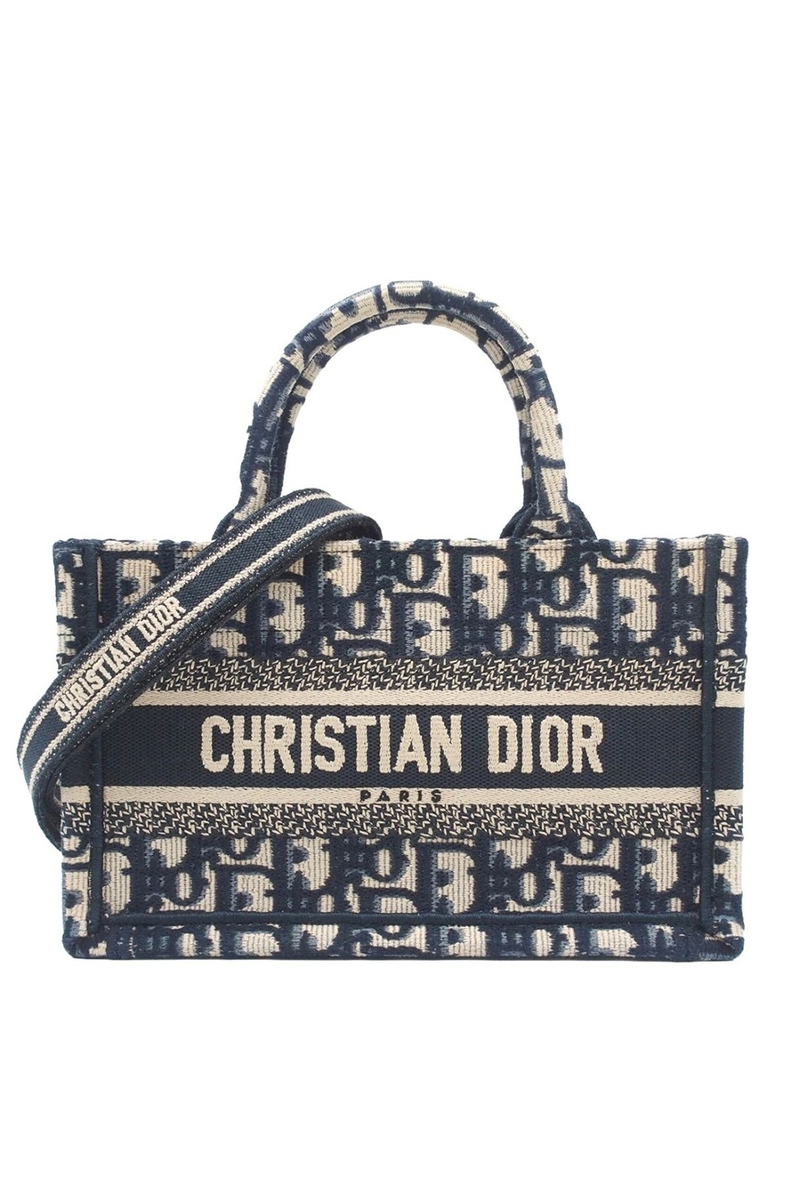 Dior Book Tote Mini Blue Cotton Oblique Embroidery 2-Way Shoulder Bag